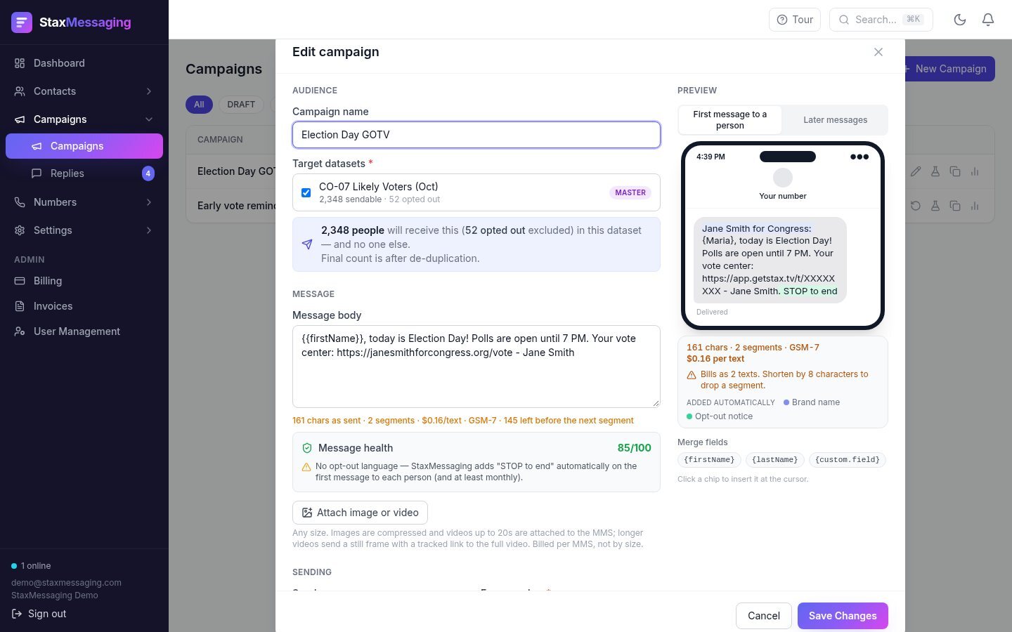 The phone preview shows the exact text that will go out, with the brand name and opt-out notice highlighted, the segment count and the cost per text.
