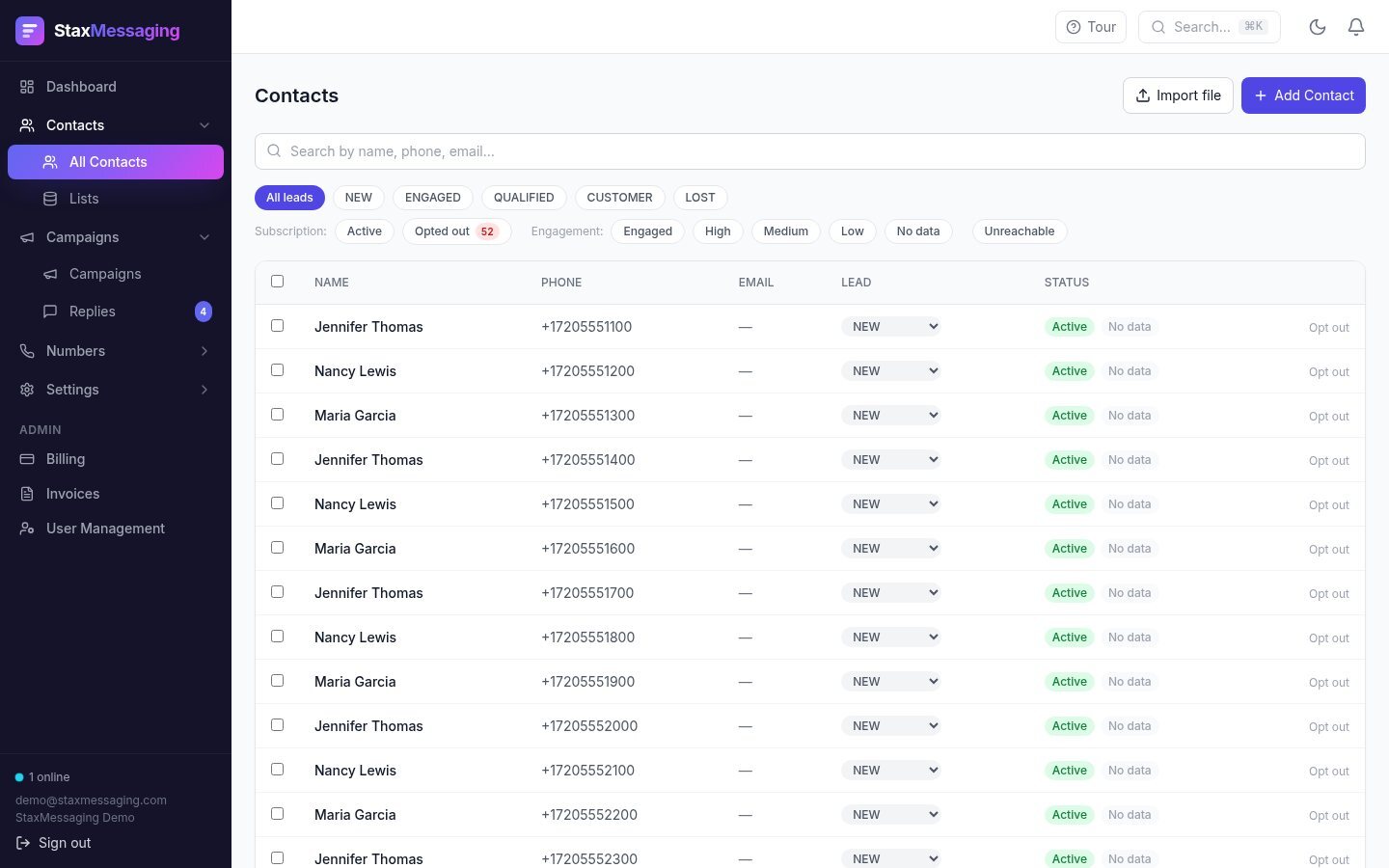 Any spreadsheet imports; subscription, engagement and reachability filters. Build a list of everyone who clicked or replied and text them back.
